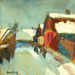 Makay József: Téli utca  (1962.) olaj vászon, 60x60 cm